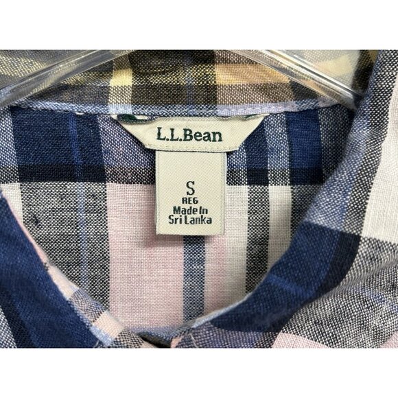 LL Bean Womens 100% Linen Plaid Button Up Collared Shirt Size Small Blue Blouse - Picture 5 of 9